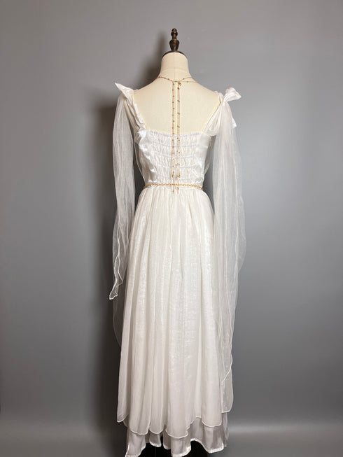 White Fantasy Tulle Dress with Draped Sleeves and Celestial Belt – Greek Goddess Dress Plus Size